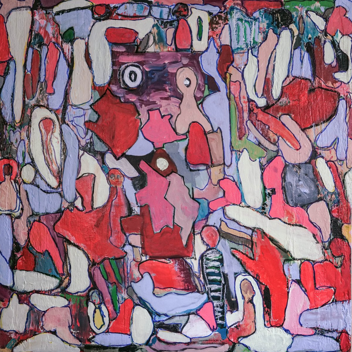 Acrylic and oil paint and pastels on preprocessed canvas not framed.