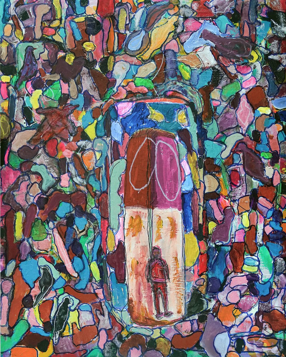 Acrylic and oil paint and pastels on preprocessed wooden panel in wooden frame.
