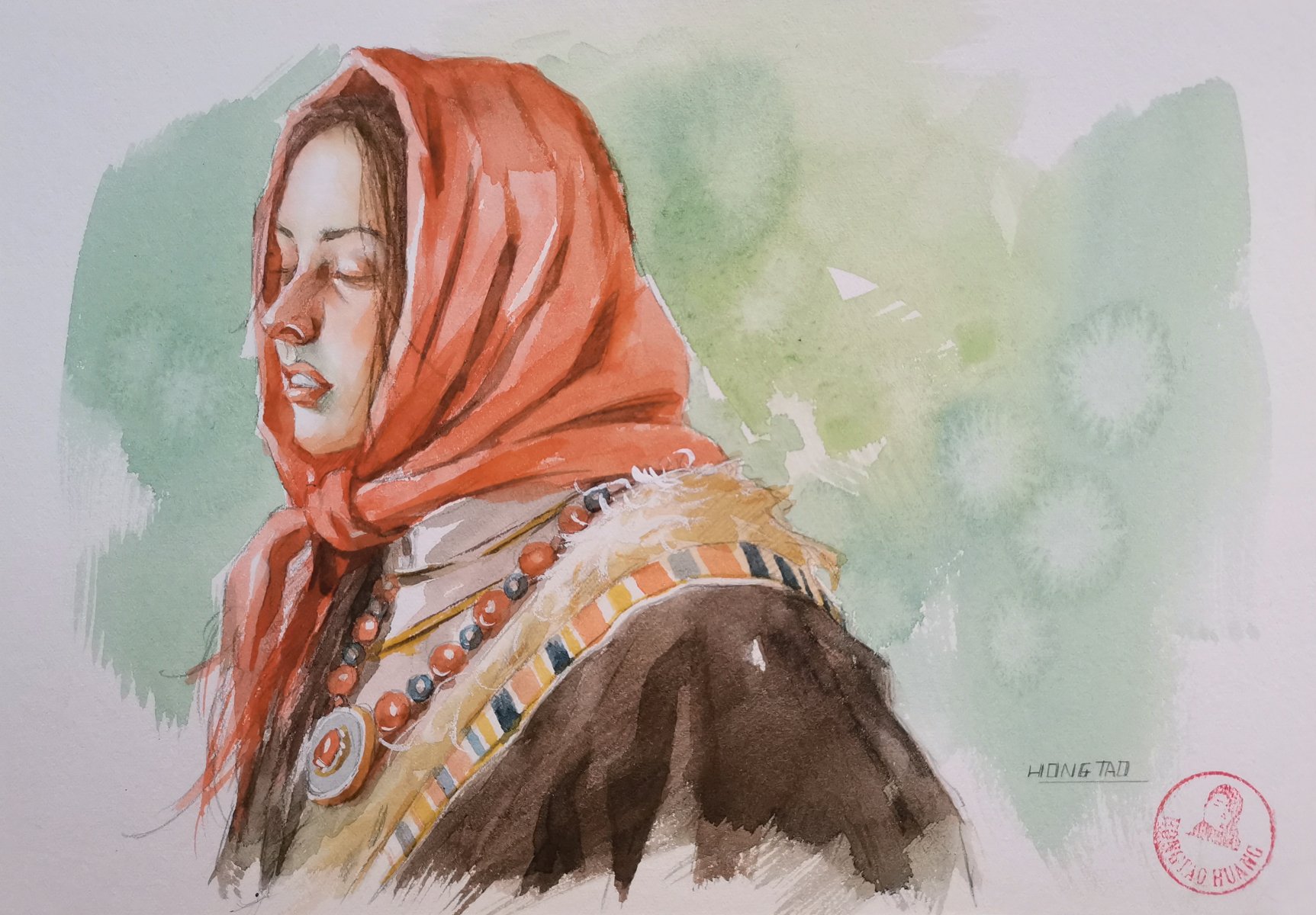 Woman with a red headscarf