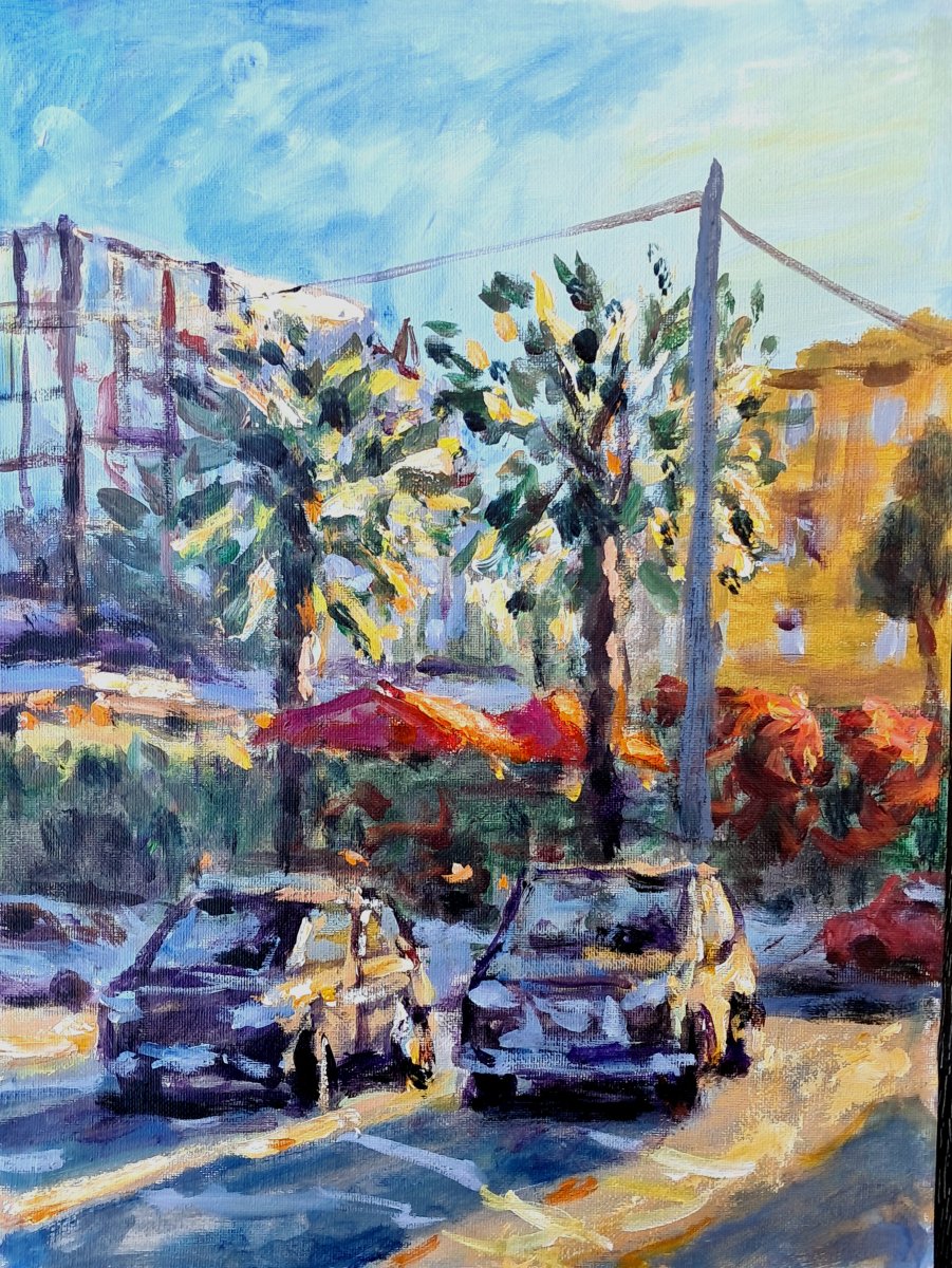 palm trees and black cars