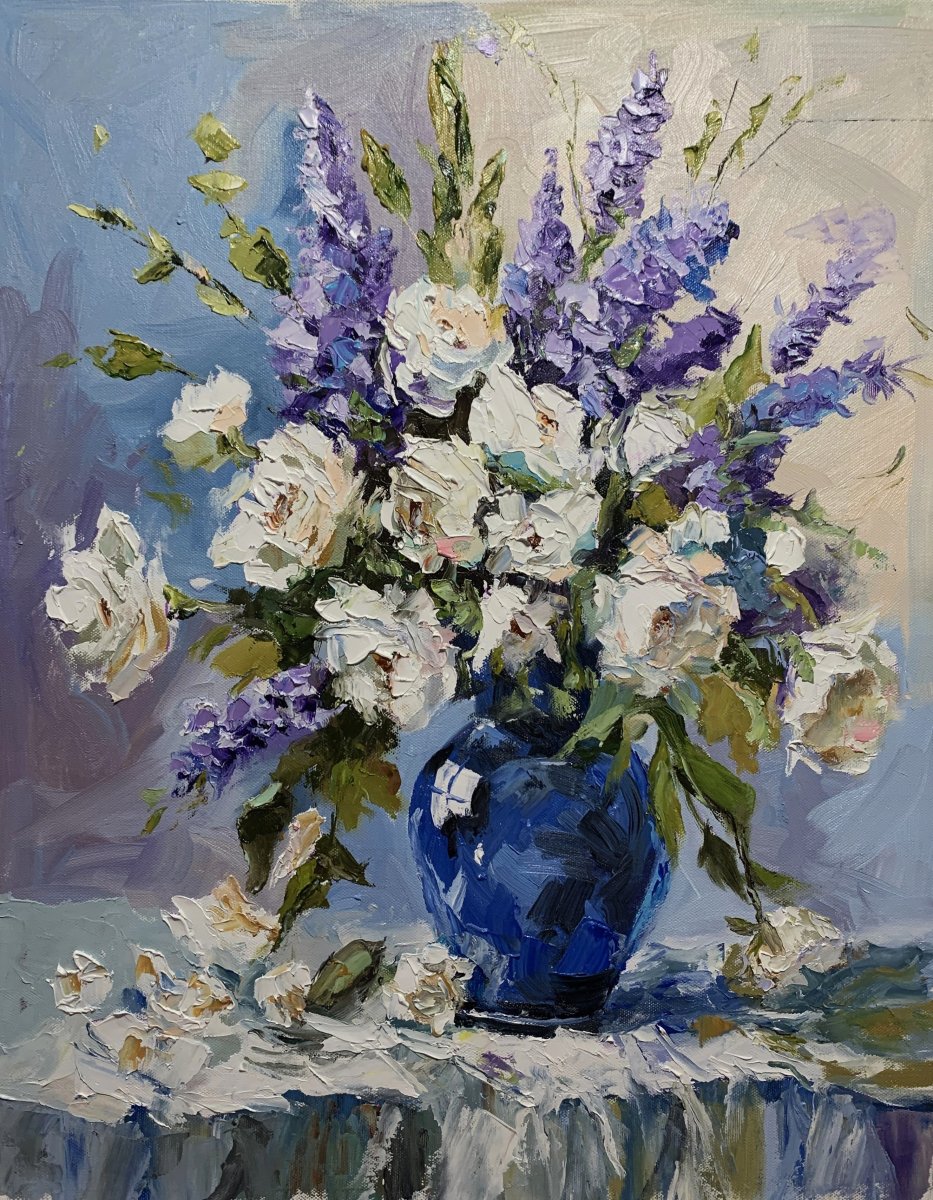 Summer bouquet in cobalt vase.