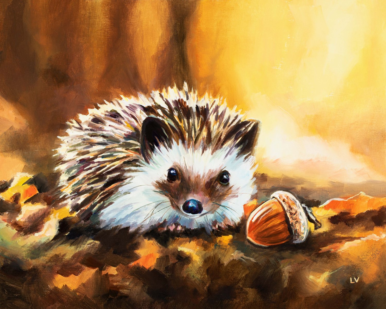 Hedgehog with acorn in fall woods