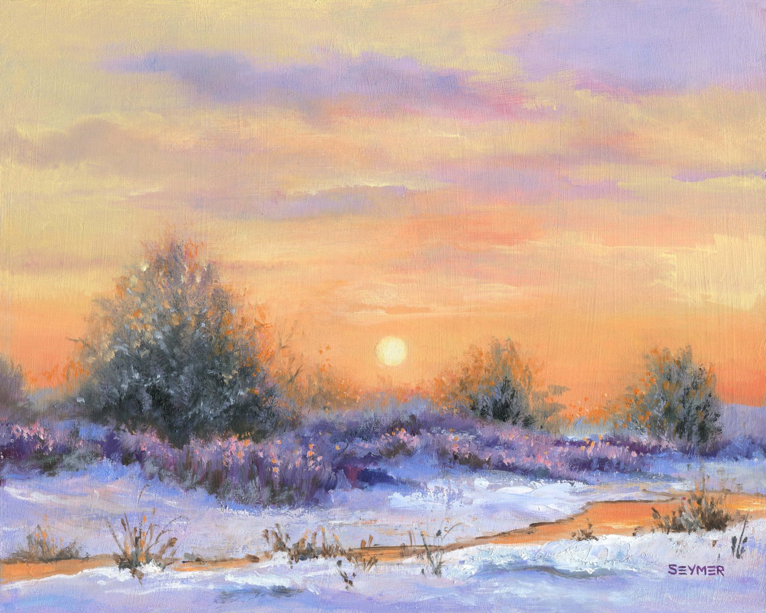 Snowy river at winter dawn