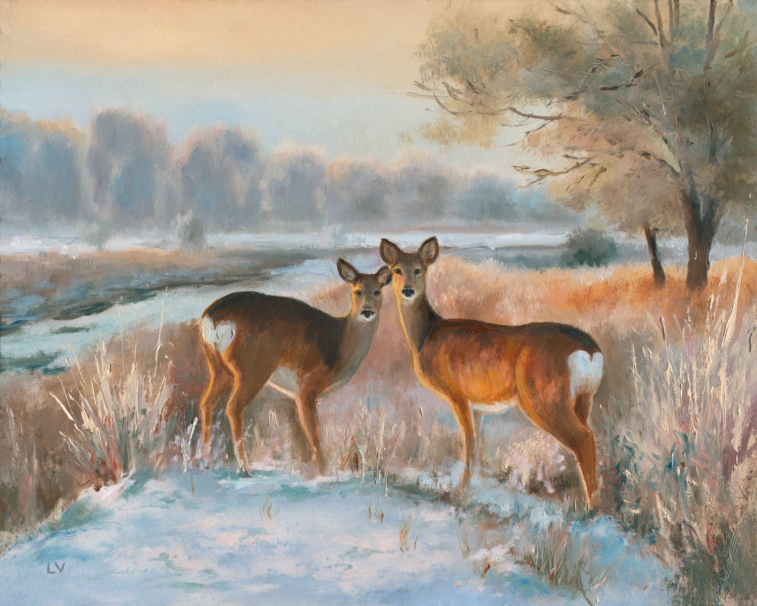 Snowy landscape with deer