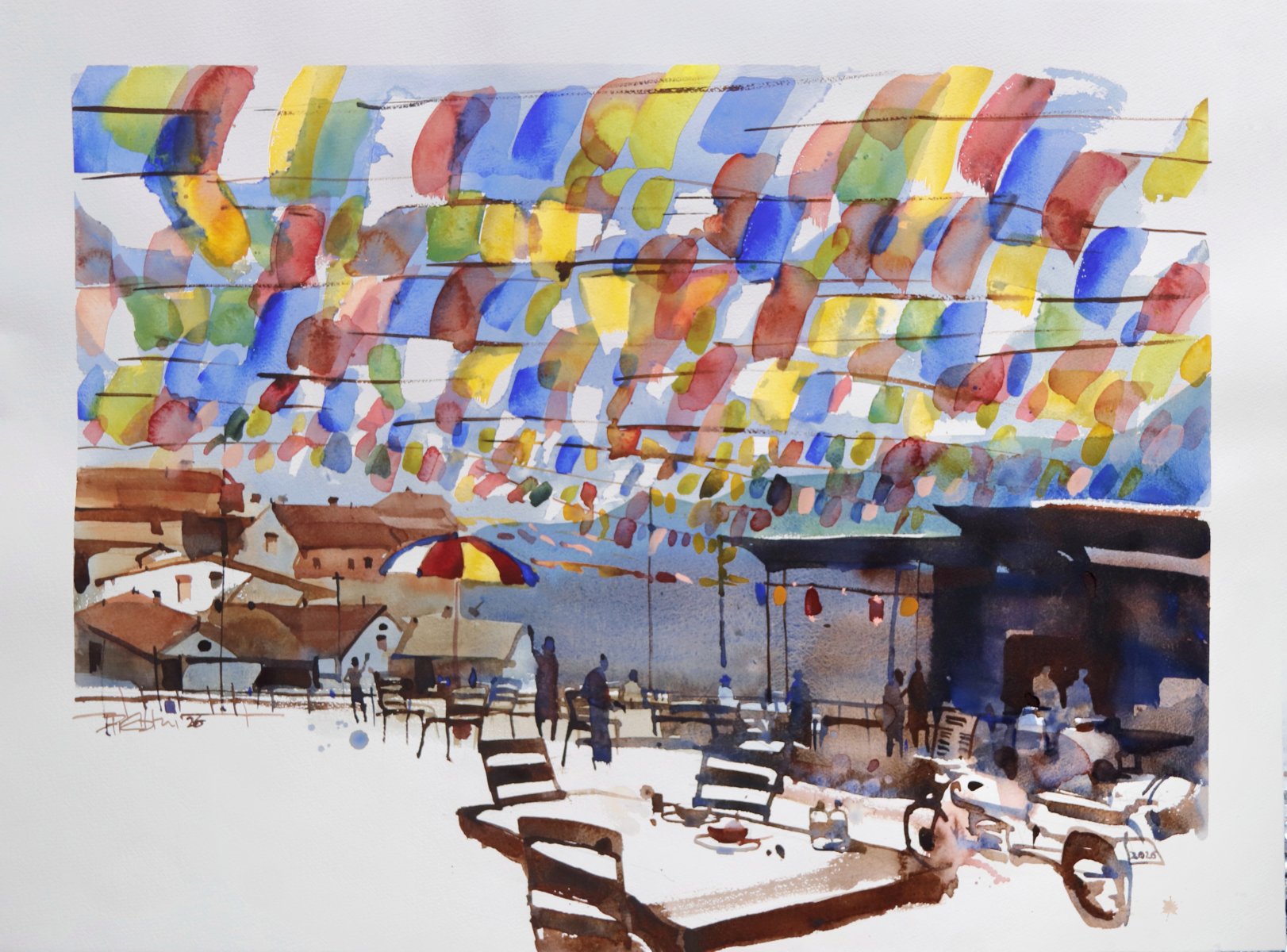 Vibrant cafe, prayer flags