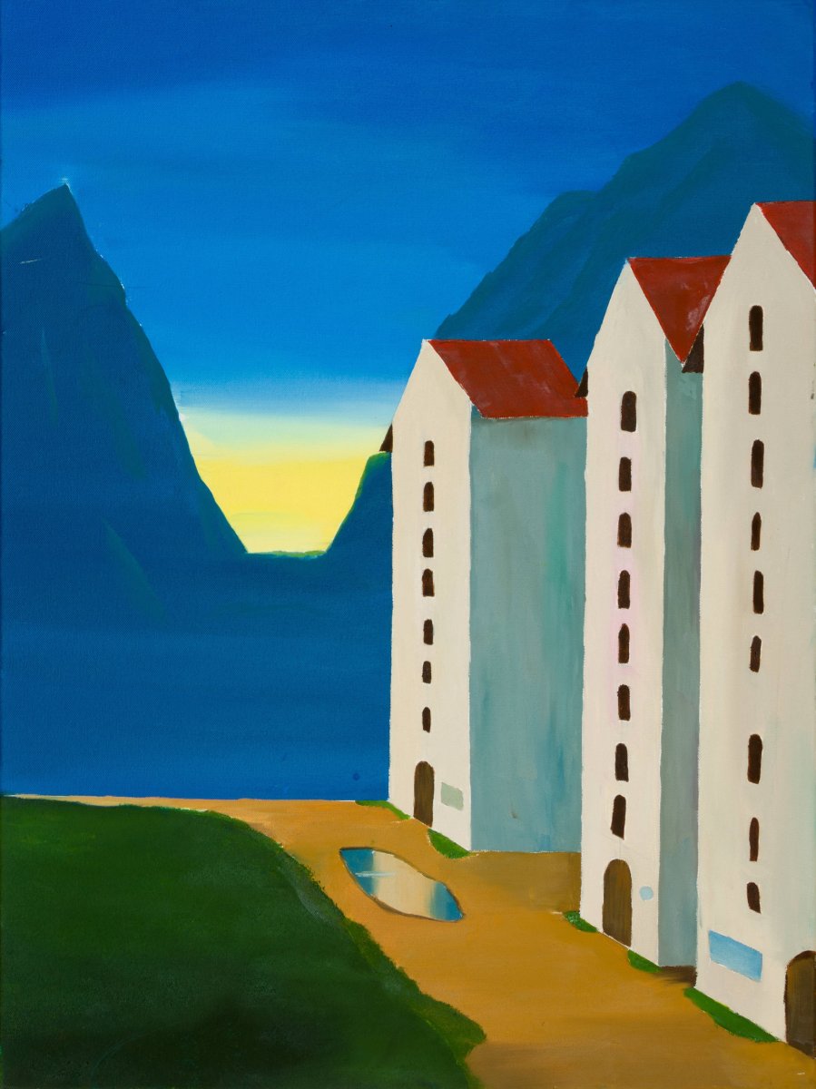 3 houses in front of the mountains